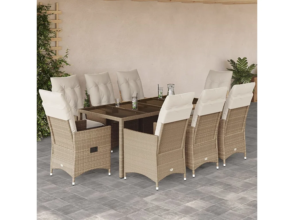 Set comedor de jardín 9 piezas con cojines ratán sintético beige