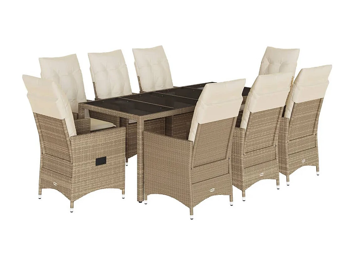 Set comedor de jardín 9 piezas con cojines ratán sintético beige