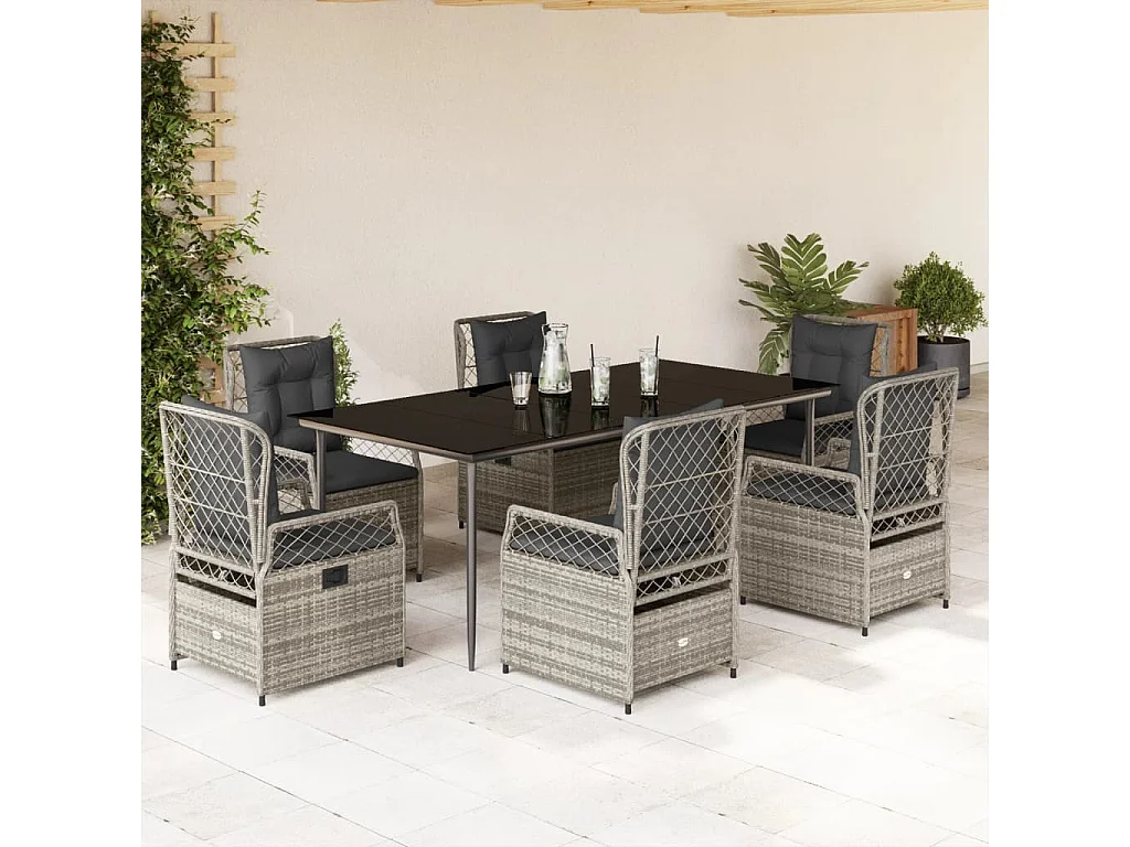 Ensemble à manger de jardin et coussins 7 pièces gris rotin