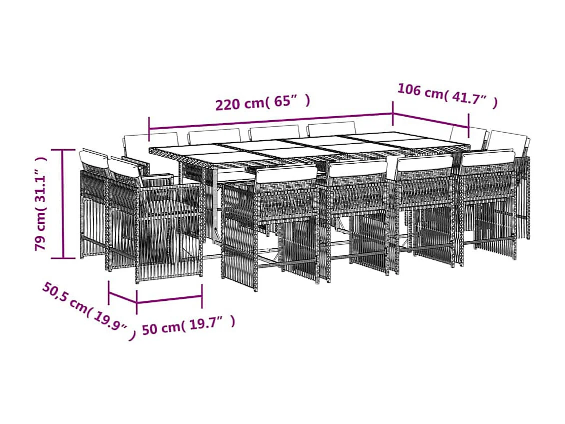 Set comedor jardín y cojines 13 piezas ratán sintético gris claro