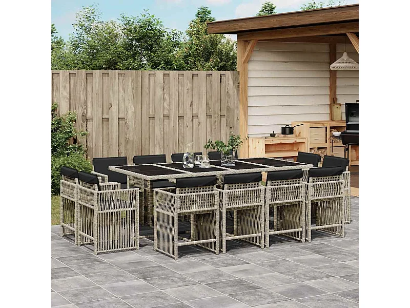 Set comedor jardín y cojines 13 piezas ratán sintético gris claro