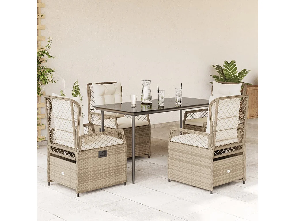 Ensemble à manger de jardin avec coussins 5 pièces Beige poly rotin