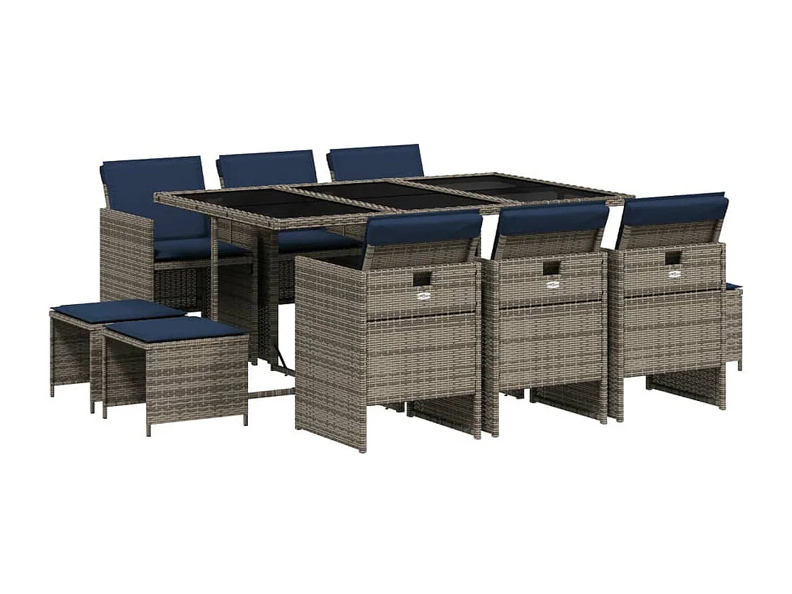 Ensemble à manger de jardin 11 pièces coussins gris résine tressée