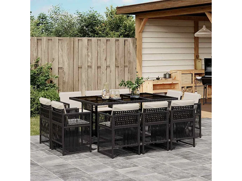 Set de comedor jardín 11 piezas con cojines ratán sintético negro