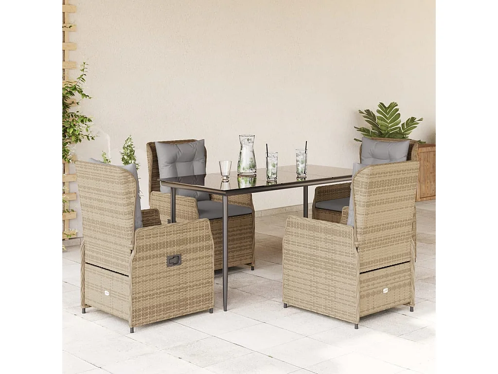 Ensemble à manger de jardin avec coussins 5 pièces Beige poly rotin