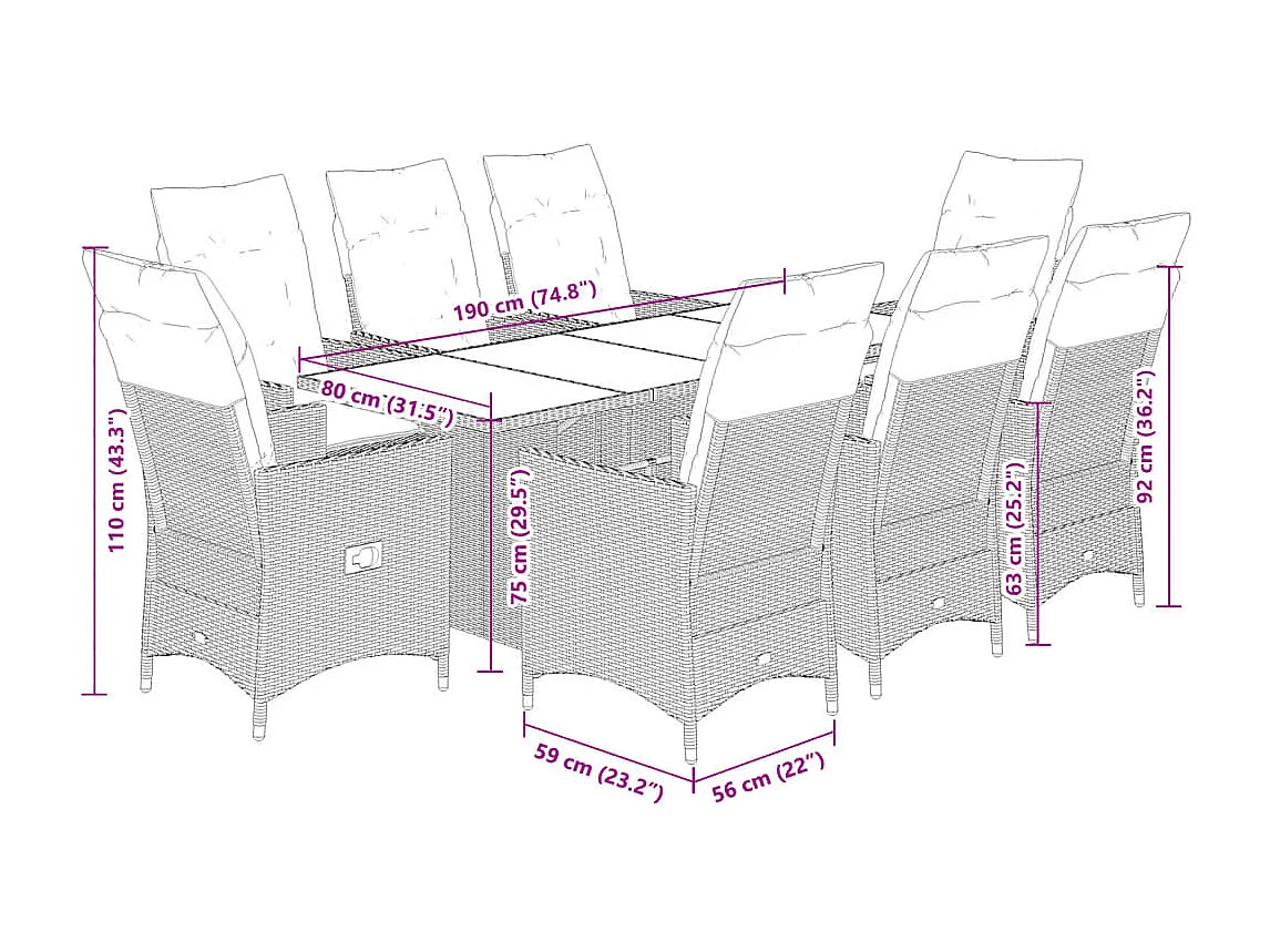 Ensemble à manger de jardin et coussins 9 pièces beige Poly rotin