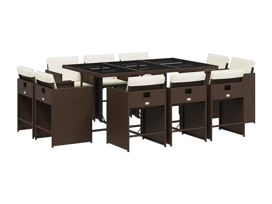 Set comedor de jardín 11 piezas y cojines ratán sintético marrón