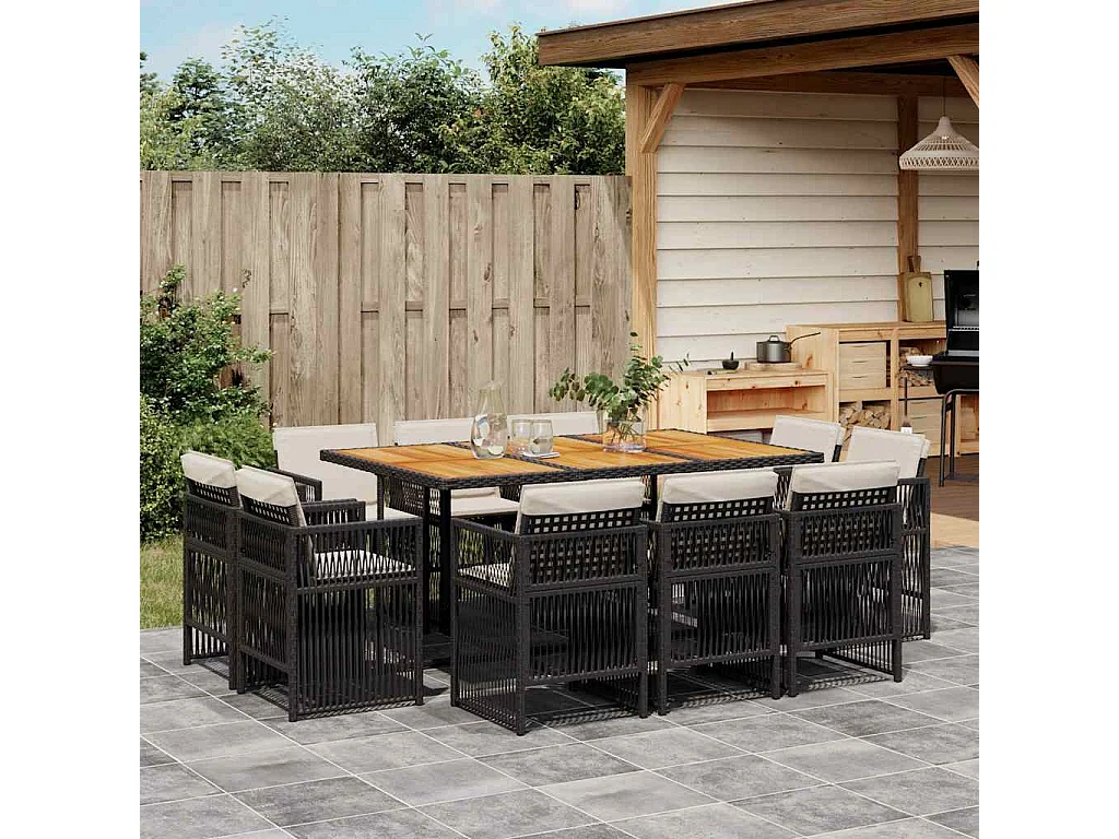 Set de comedor jardín 11 piezas con cojines ratán sintético negro