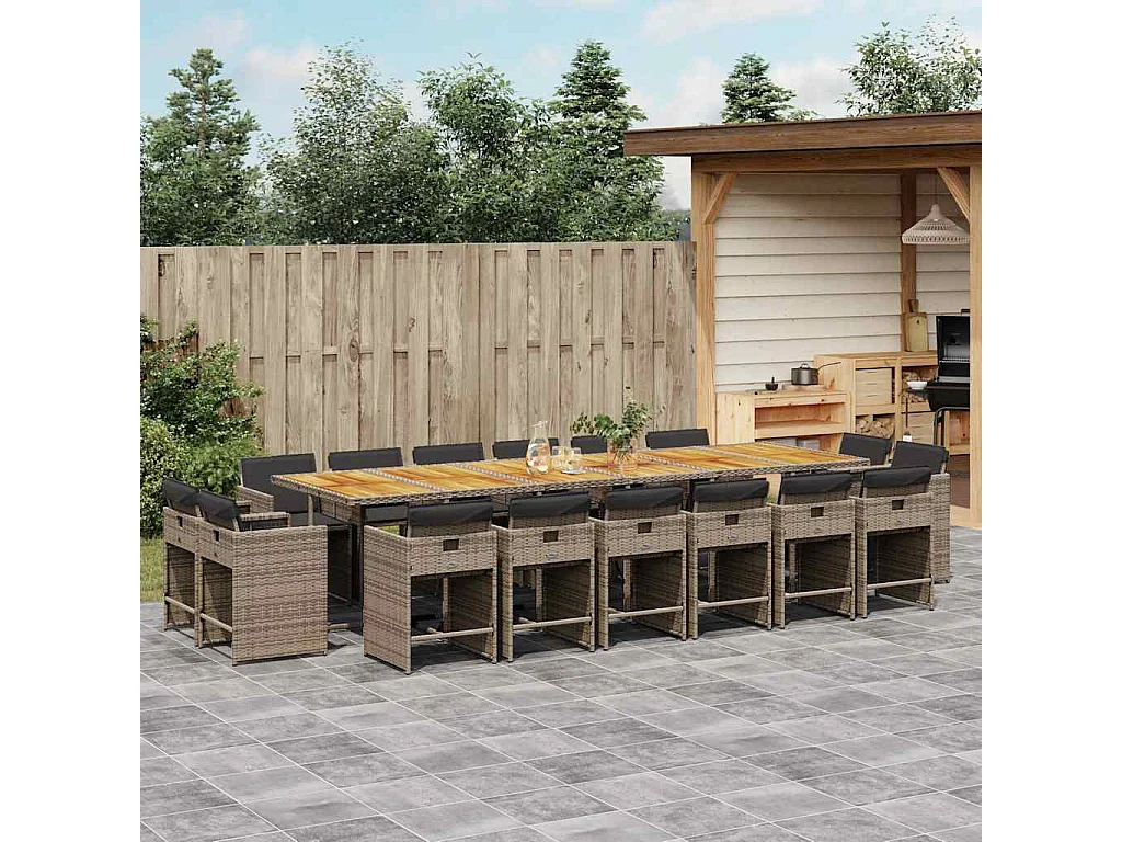 Set comedor de jardín 17 piezas y cojines ratán sintético gris