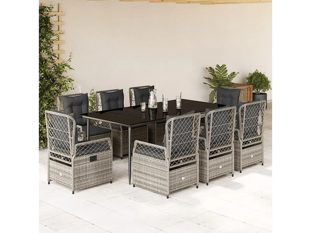 Set comedor jardín 9 piezas y cojines ratán sintético gris