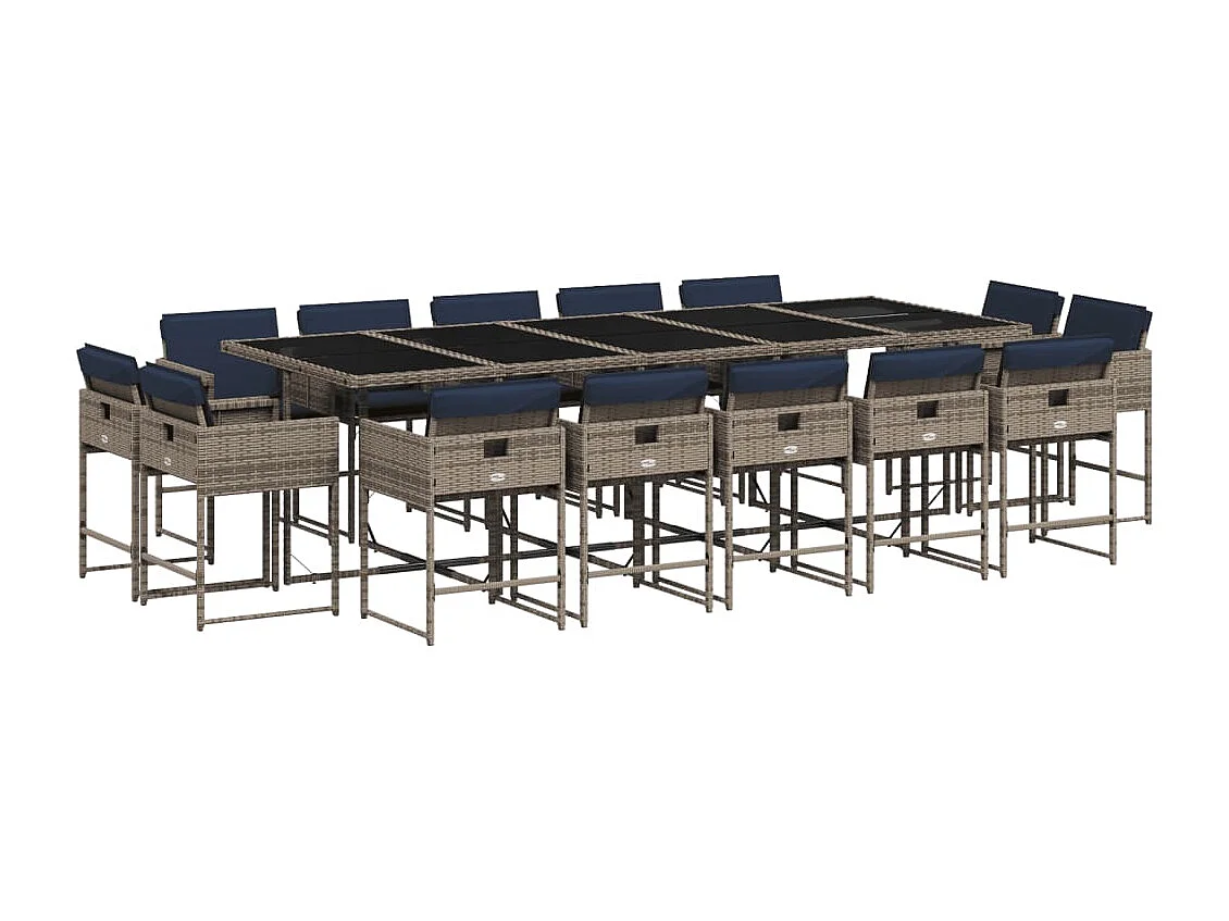 Ensemble à manger de jardin 15 pièces coussins gris résine tressée