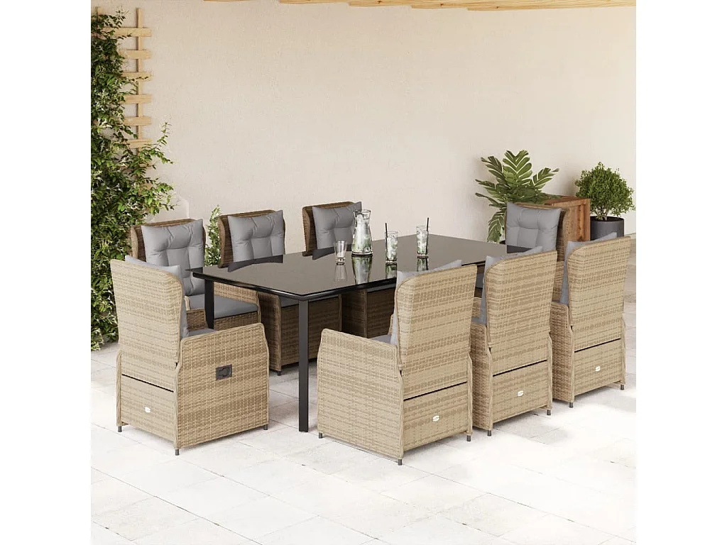 Ensemble à manger de jardin et coussins 9 pièces beige Poly rotin