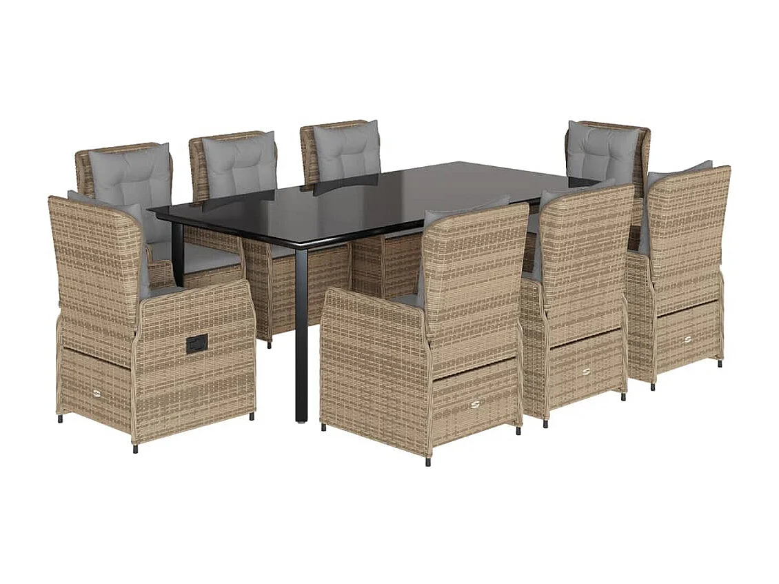 Ensemble à manger de jardin et coussins 9 pièces beige Poly rotin
