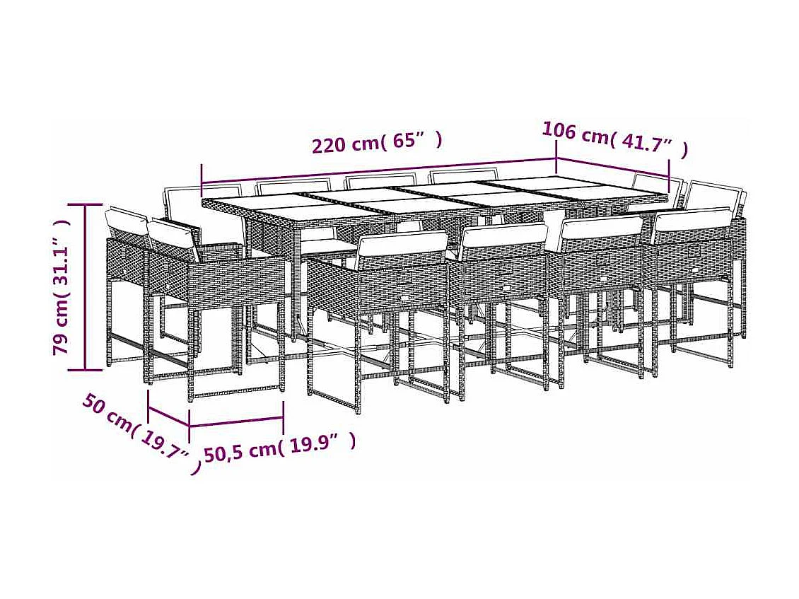 Set muebles de jardín 13 piezas y cojines ratán sintético marrón