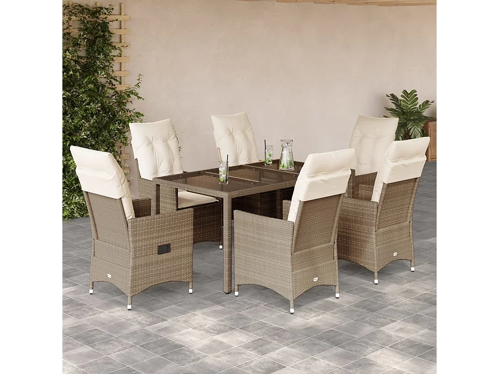 Ensemble à manger de jardin et coussins 7 pièces beige poly rotin
