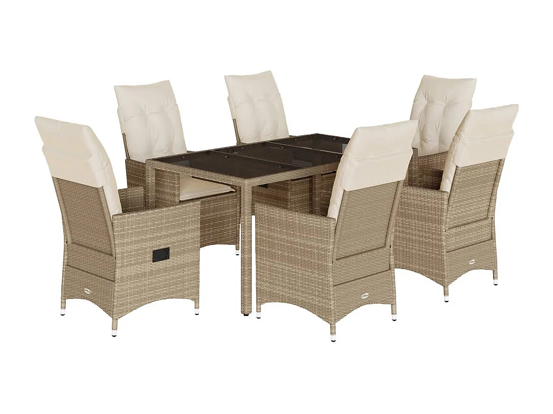 Ensemble à manger de jardin et coussins 7 pièces beige poly rotin