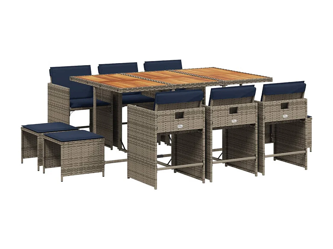 Ensemble à manger de jardin 11 pièces coussins gris résine tressée
