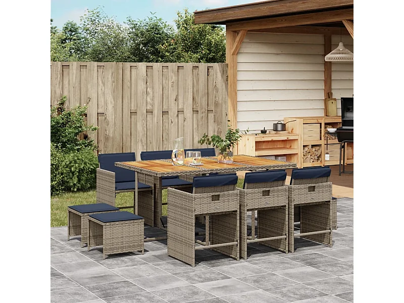 Ensemble à manger de jardin 11 pièces coussins gris résine tressée