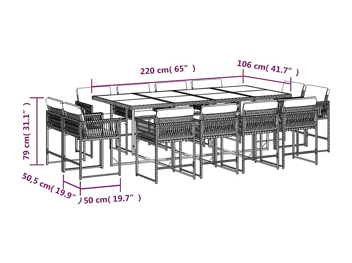 Set comedor jardín y cojines 13 piezas ratán sintético gris claro