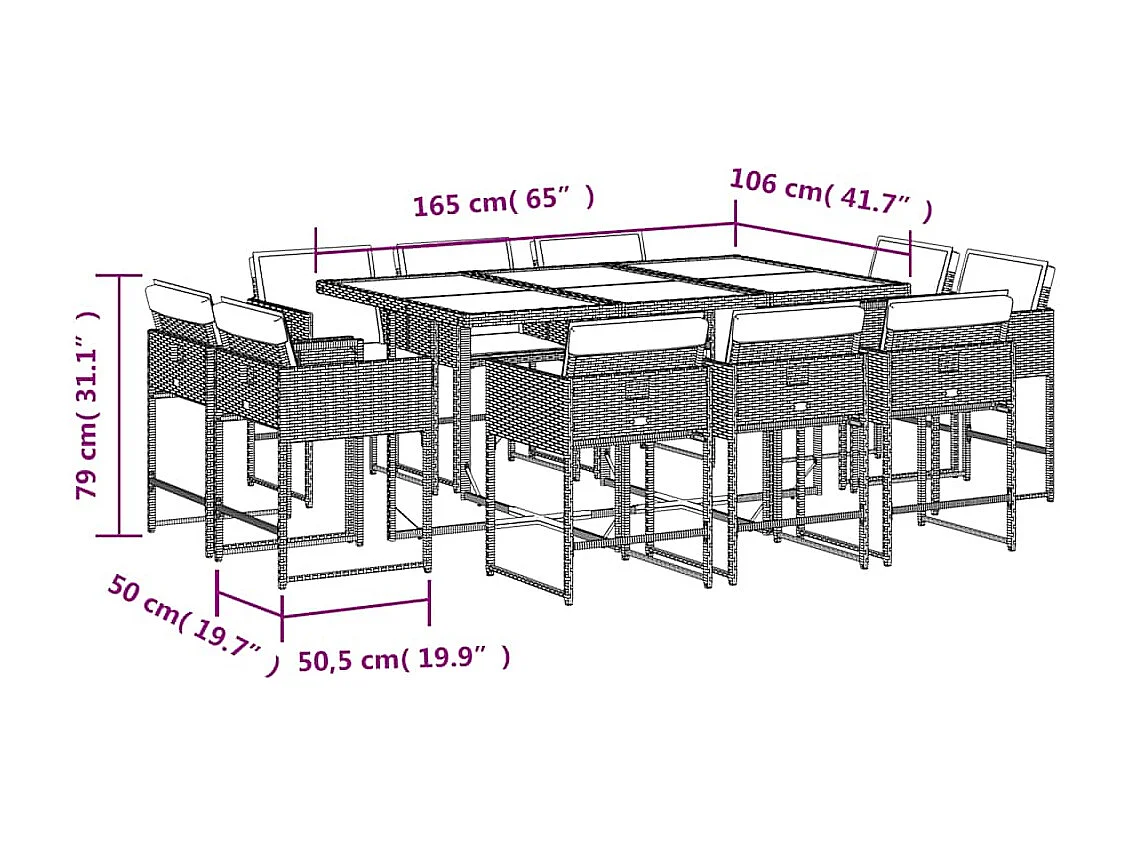 Set de comedor jardín 11 piezas con cojines ratán sintético negro