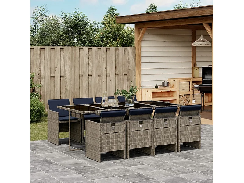 Ensemble à manger de jardin 9 pièces coussins gris résine tressée