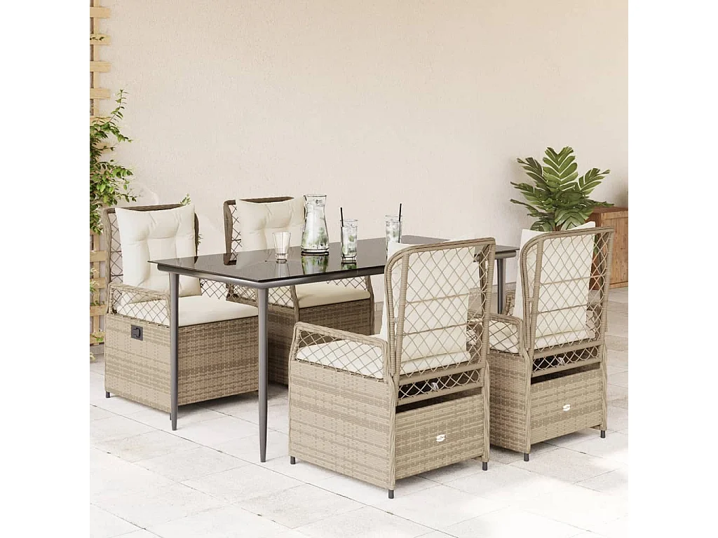 Set comedor de jardín 5 piezas con cojines ratán sintético beige