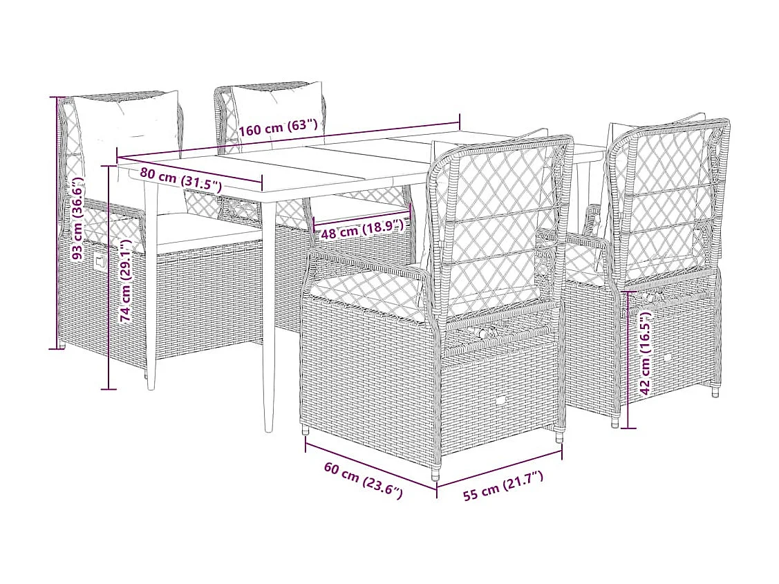 Set comedor de jardín 5 piezas con cojines ratán sintético beige