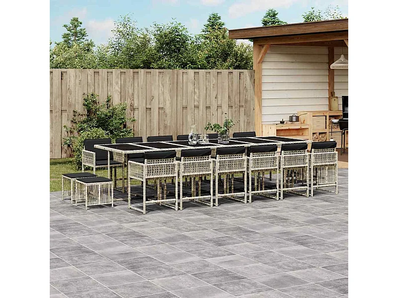 Set comedor jardín y cojines 17 piezas ratán sintético gris claro