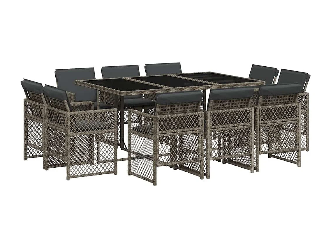 Set de comedor de jardín 11 piezas y cojines ratán sintético gris