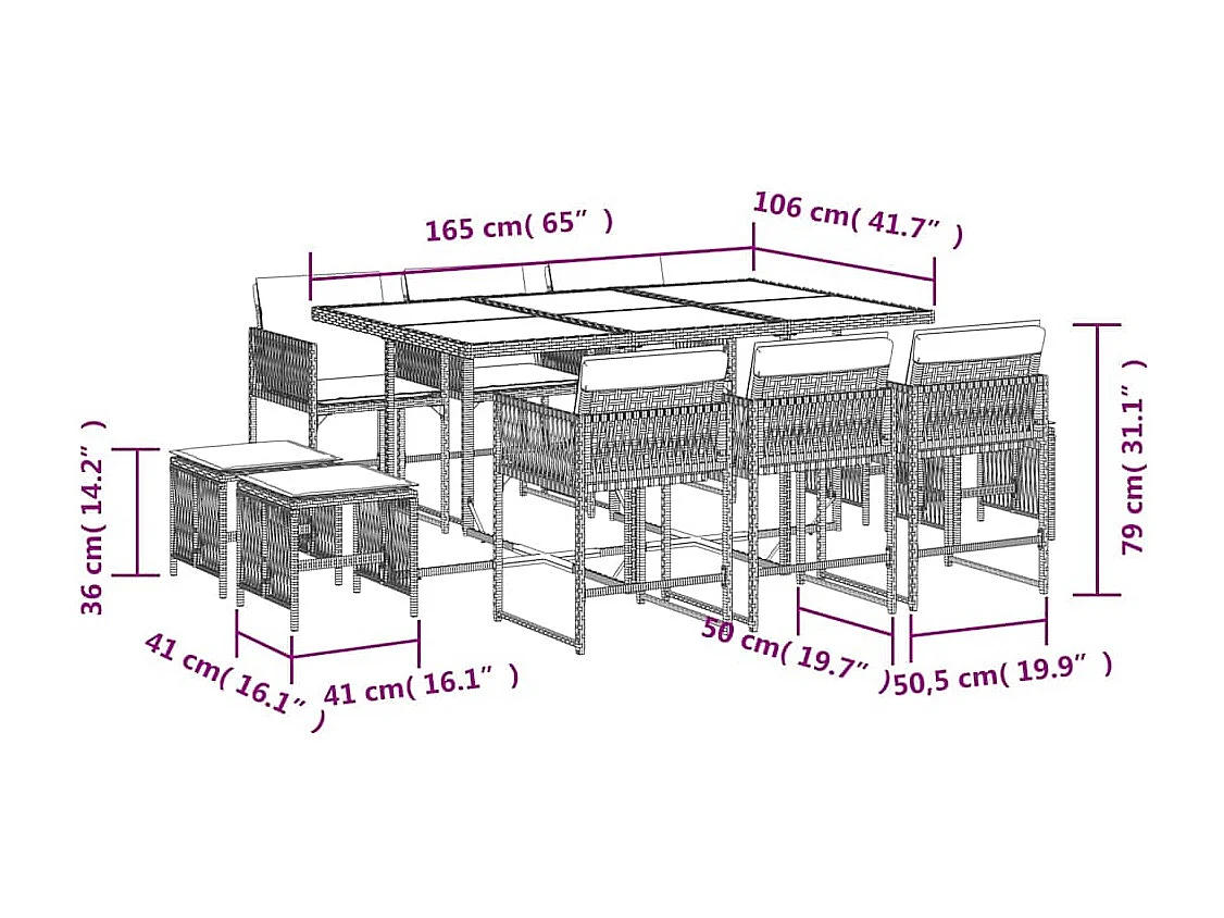 Set comedor de jardín 11 piezas con cojines ratán sintético beige