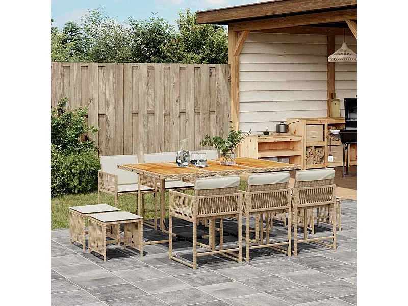 Set comedor de jardín 11 piezas con cojines ratán sintético beige