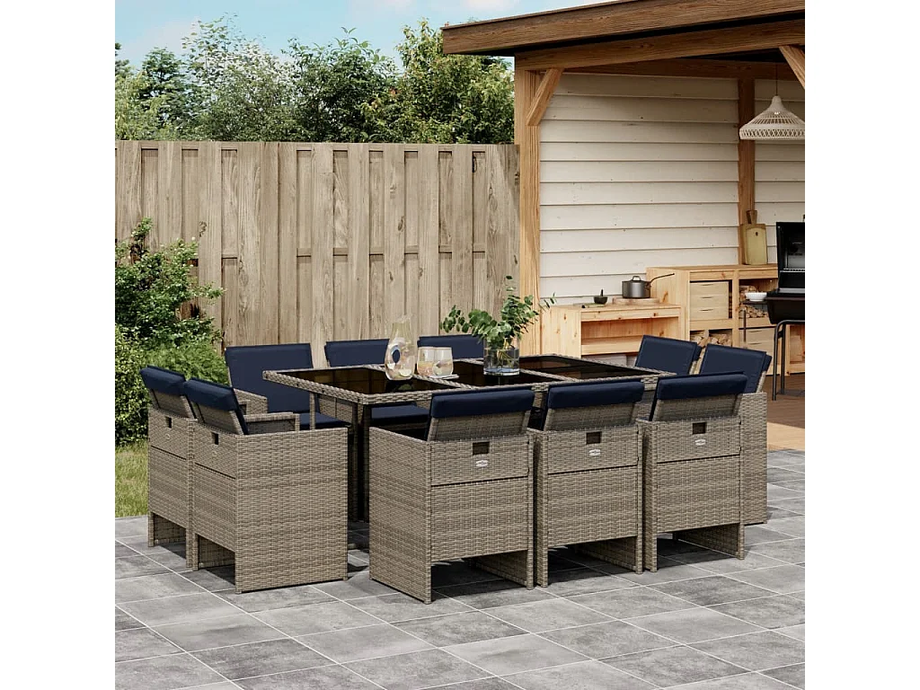 Ensemble à manger de jardin 11 pièces coussins gris résine tressée