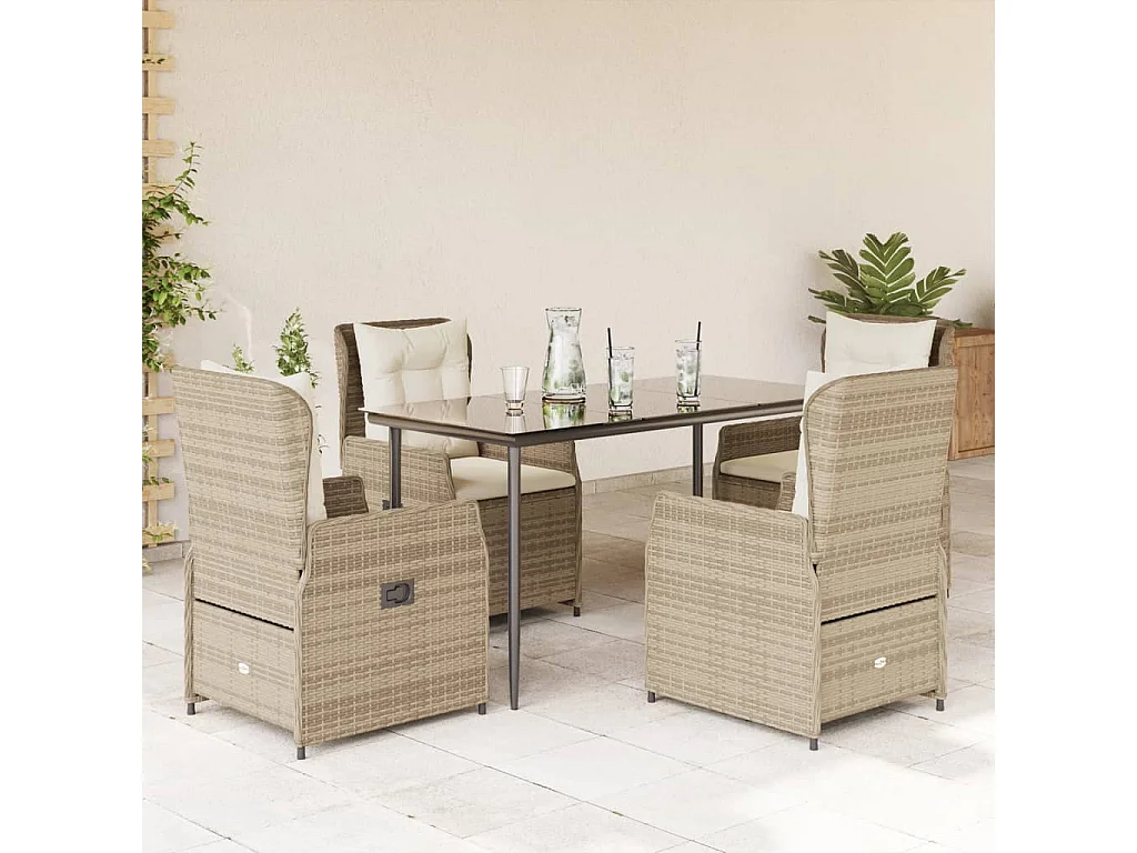 Ensemble à manger de jardin avec coussins 5 pièces Beige poly rotin