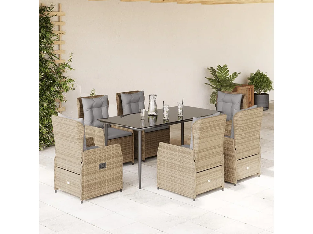 Set comedor de jardín 7 piezas con cojines ratán sintético beige
