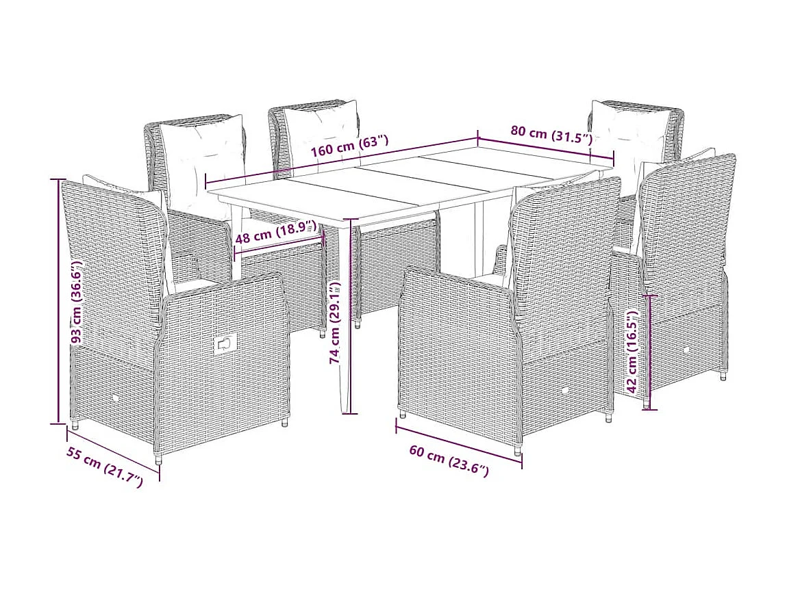 Set comedor de jardín 7 piezas con cojines ratán sintético beige