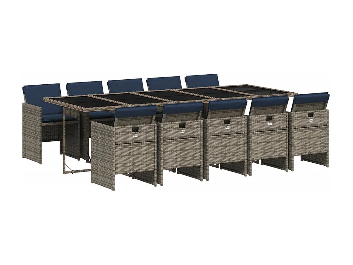 Ensemble à manger de jardin 11 pièces coussins gris résine tressée