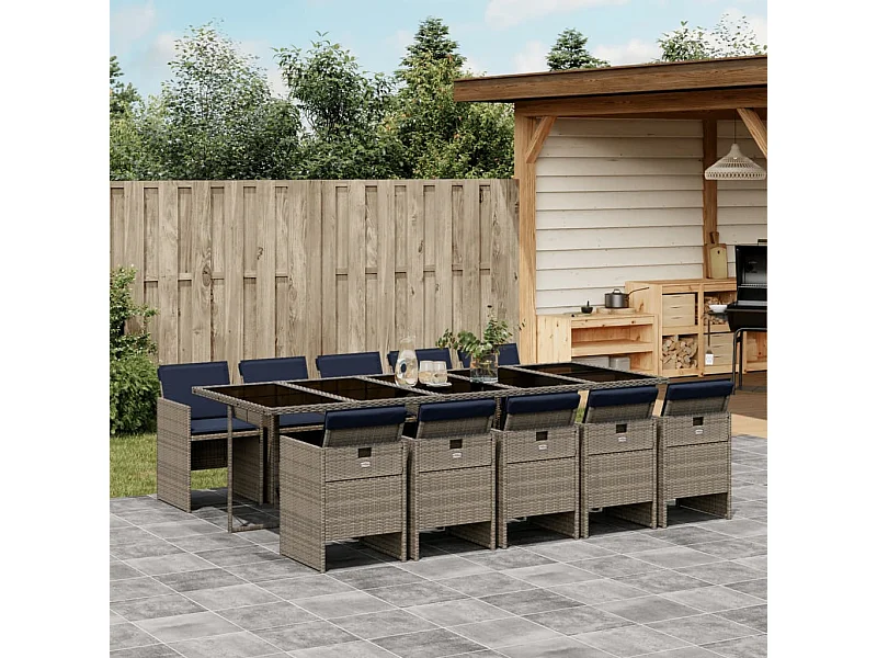 Ensemble à manger de jardin 11 pièces coussins gris résine tressée