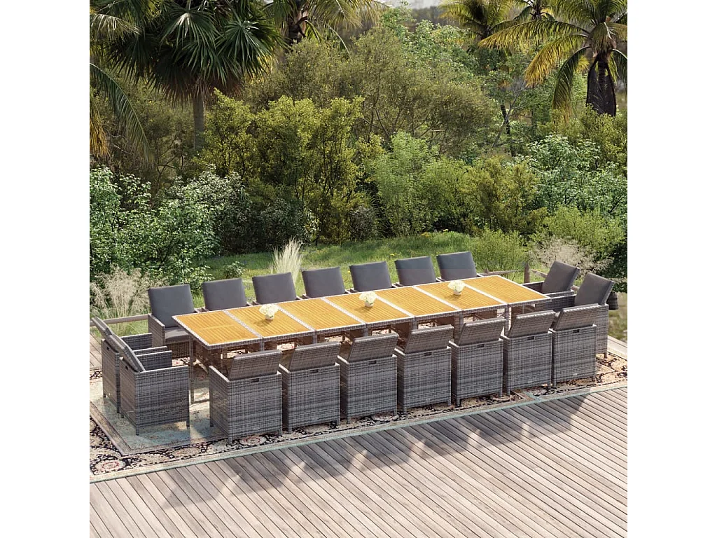 Set de comedor jardín 19 piezas con cojines ratán sintético gris