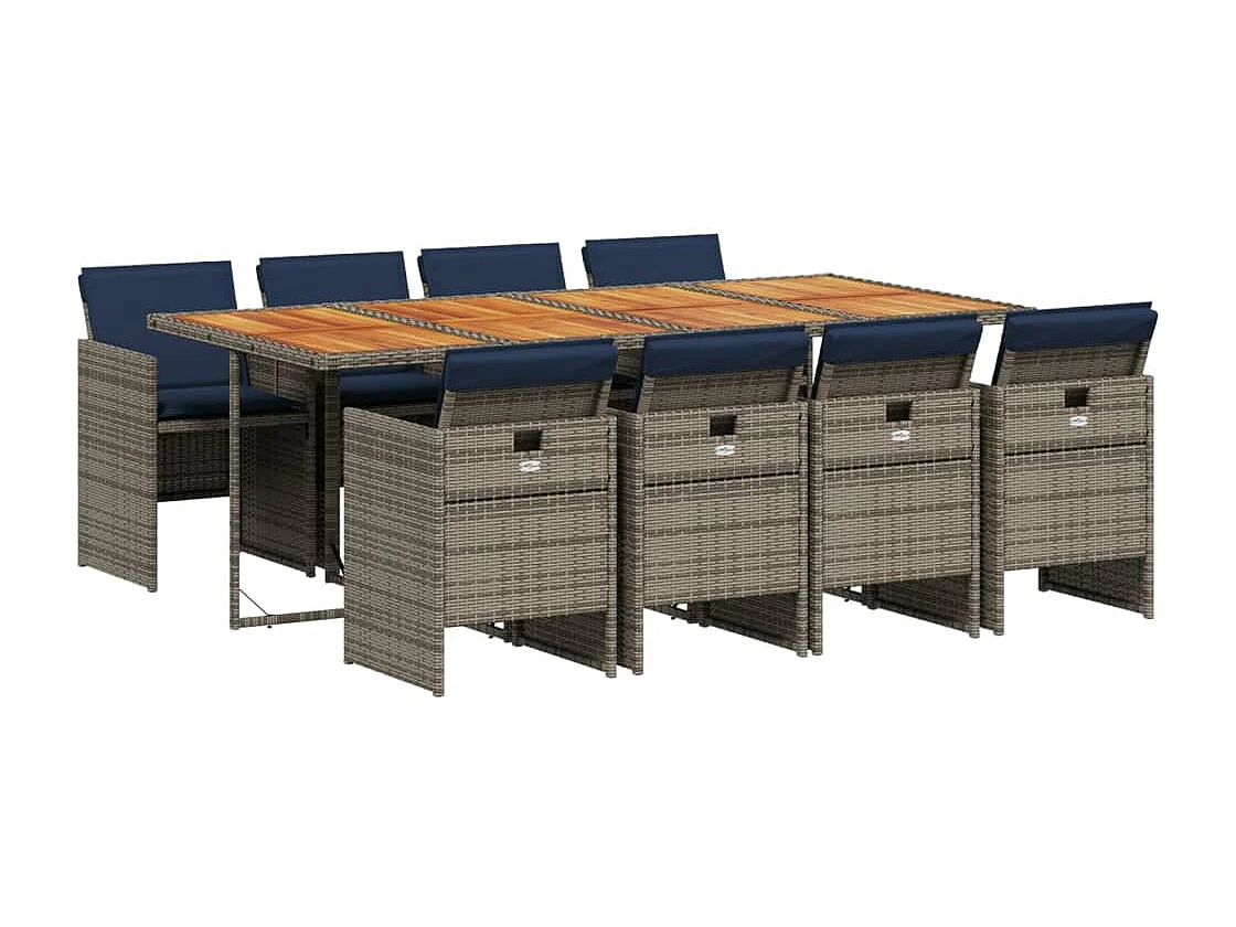 Ensemble à manger de jardin 9 pièces coussins gris résine tressée