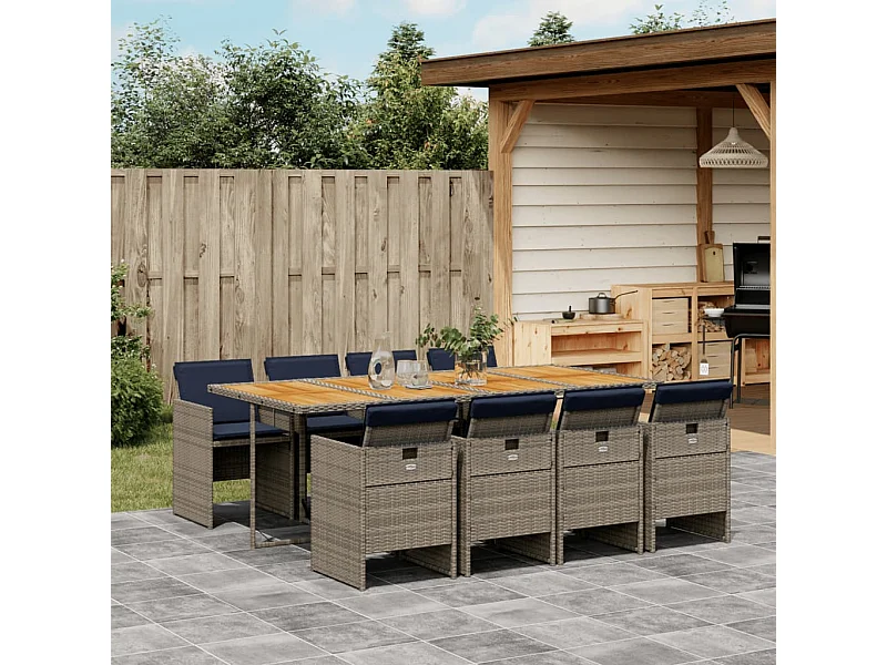 Ensemble à manger de jardin 9 pièces coussins gris résine tressée