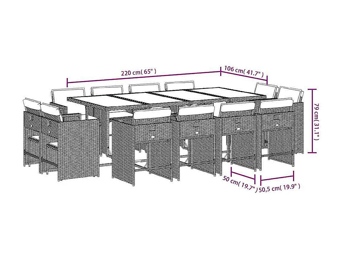Set muebles de jardín 13 piezas y cojines ratán sintético marrón