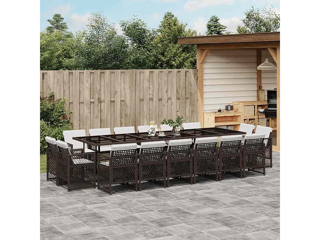 Set de muebles jardín 17 piezas y cojines ratán sintético marrón