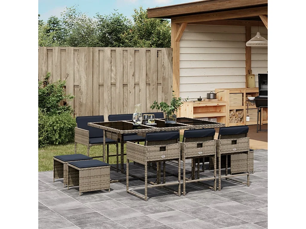 Ensemble à manger de jardin 11 pièces coussins gris résine tressée