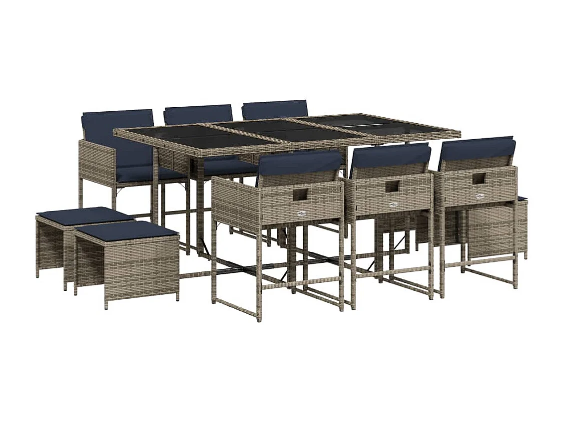 Ensemble à manger de jardin 11 pièces coussins gris résine tressée