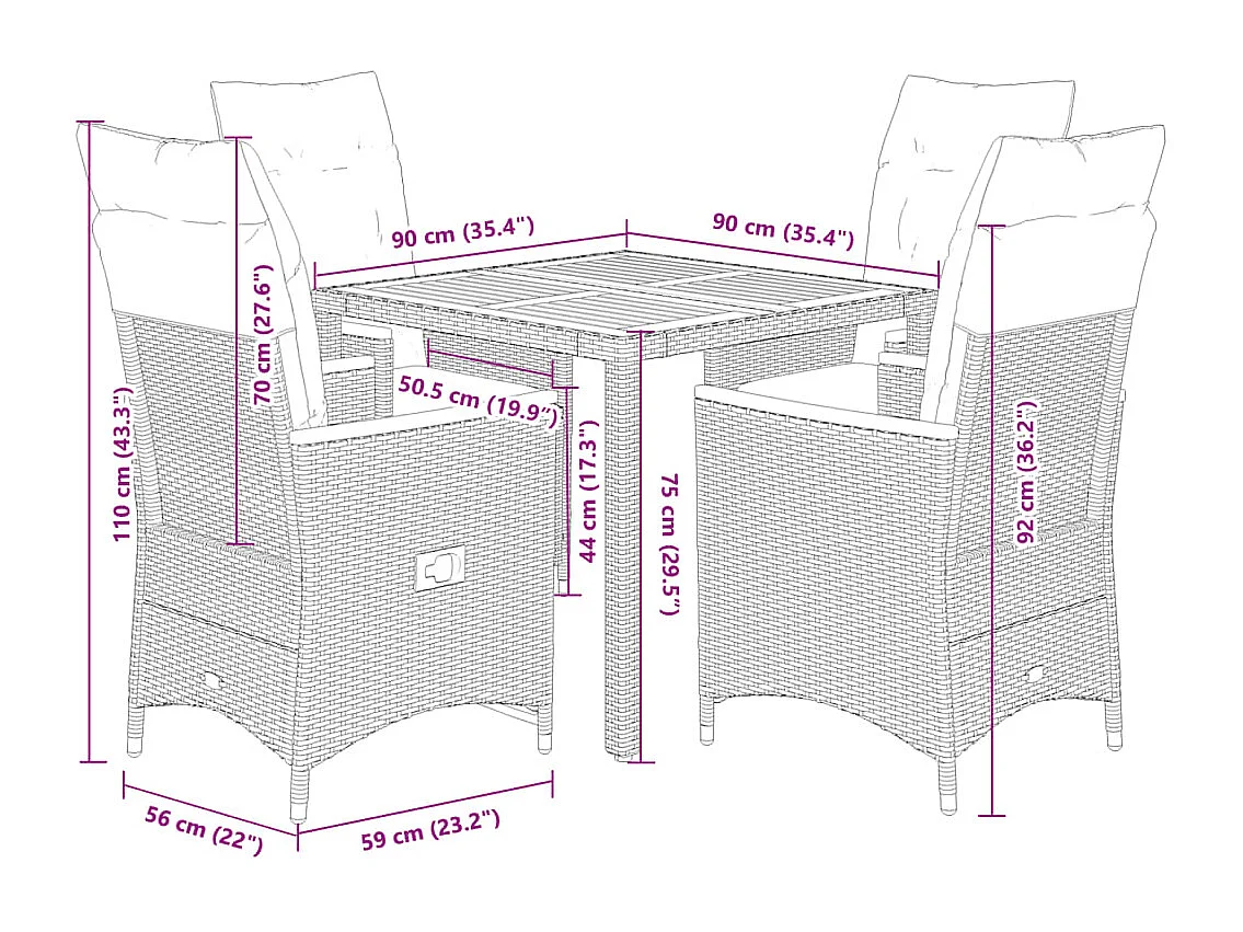 Ensemble à manger de jardin 5 pièces coussins gris résine tressée