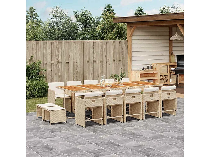 Set comedor de jardín con cojines 15 piezas ratán sintético beige