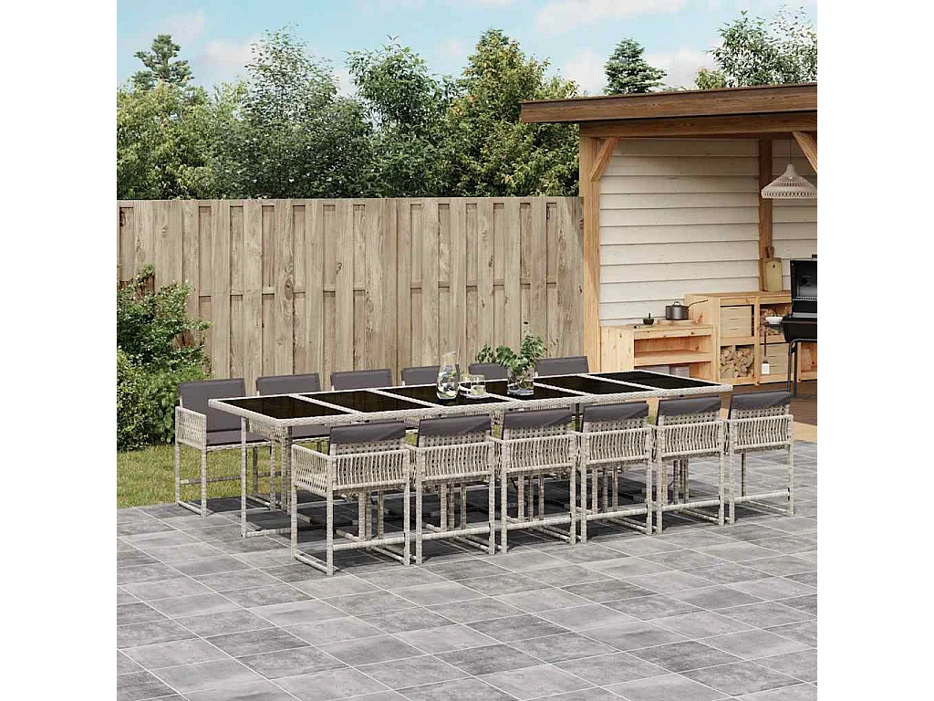 Set comedor jardín y cojines 13 piezas ratán sintético gris claro