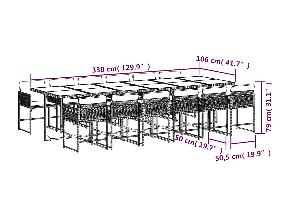 Set comedor jardín y cojines 13 piezas ratán sintético gris claro