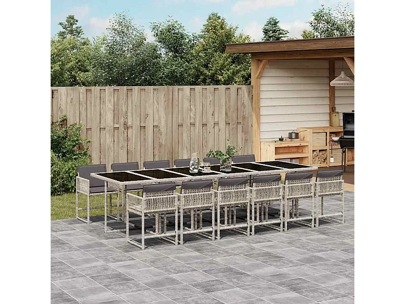 Set comedor jardín y cojines 13 piezas ratán sintético gris claro