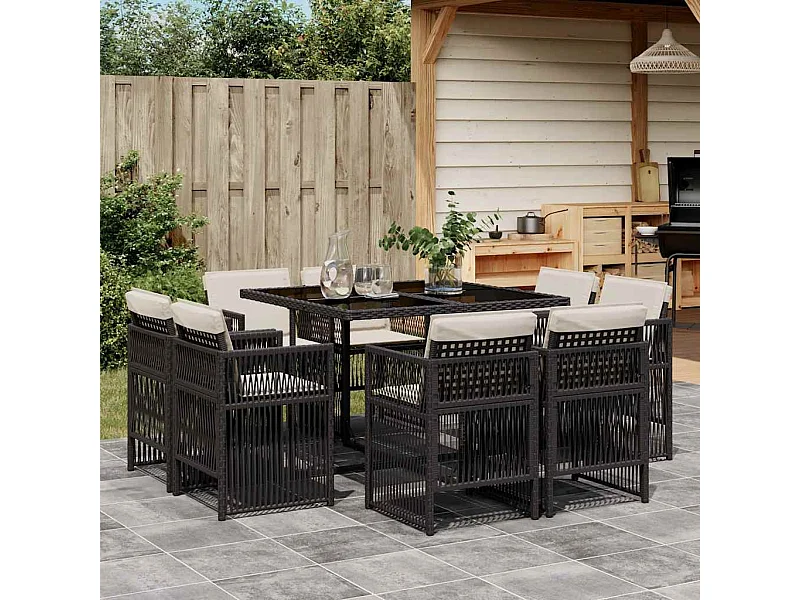 Ensemble à manger de jardin 9 pièces coussins noir résine tressée